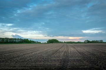 Ploughed field and cloudy evening sky