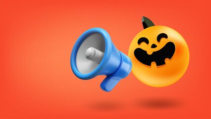 Laughing pumpkin with Loudspeaker. 3d vector illustration
