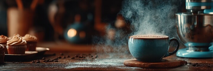 Steaming coffee cup with baked goods on a rustic wooden table in a cozy cafe setting during the morning