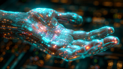 Futuristic digital hand glowing with neon circuits on dark background