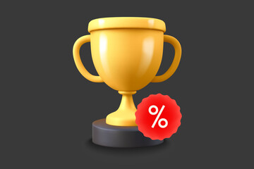 Gold trophy with red label. Discount concept. 3d vector icon