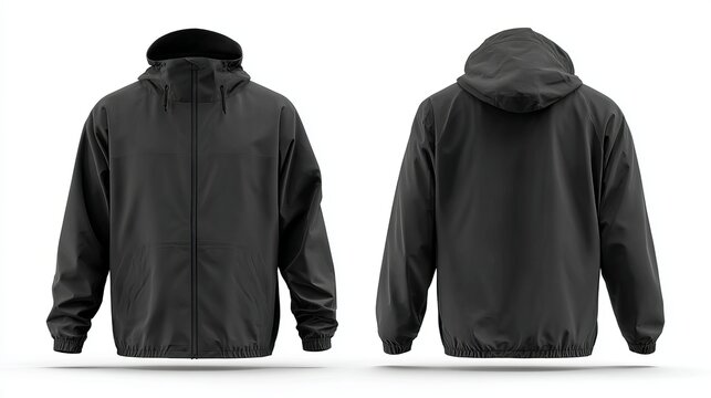 Black windbreaker jacket mockup front and back waterproof anorak with hood isolated 3D rendering