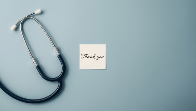 Stethoscope on blue background with note reading "Thank you" symbolizing gratitude for healthcare workers