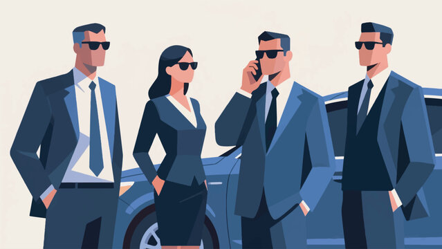 Illustration Four formally dressed figures are seen near a car vector design template