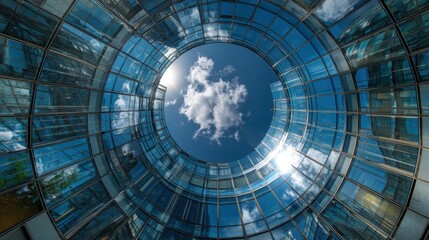 Unique perspective features a circular glass structure reflecting sunlight and a few wispy clouds under a bright blue sky. The scene captures urban architecture beautifully.