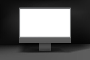 Modern monitor in dark interior. 3d vector mockup