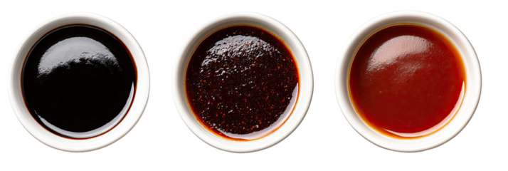 Three small white bowls filled with different sauces