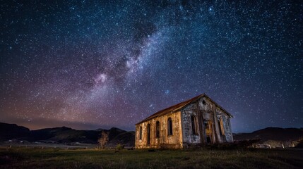 Stars fill the night sky above a dilapidated structure in a rural area, creating a striking contrast against the weathered walls and grassy surroundings.
