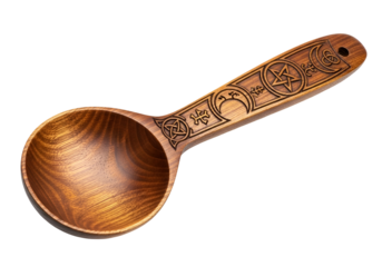 A meticulously carved wooden spoon, adorned with intricate Celtic and celestial symbols, presents a beautiful blend of craftsmanship and mystical imagery.