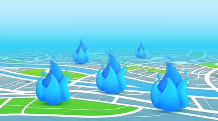 Сity map with blue gas flame icons in perspective. 3d vector illustration