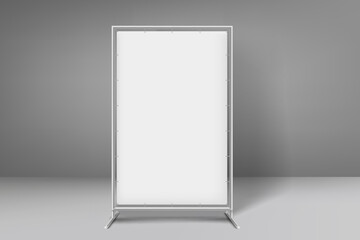 Vertical billboard in grey interior. 3d vector mockup