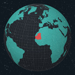 Islamic Republic of Mauritania on Globe. Vintage look with grunge scratched texture. Country view on world map in Dark Charcoal Turquoise color palette. Mauritania shape on map.