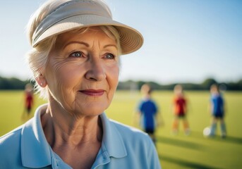 Elegant senior woman enjoying outdoor leisure activity in natural sunlight with a confident smile, capturing beauty, wellness, and positive aging lifestyle