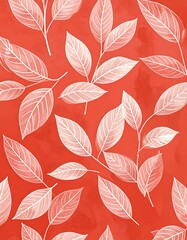 Fototapeta premium A seamless pattern of delicate white leaves on a coral background