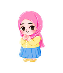 Adorable Cartoon Girl in Pink Hijab, Hands Clasped