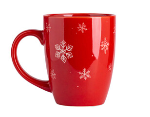 Red Ceramic Holiday Mug with Snowflake Pattern, Front View, Isolated on Transparent Background