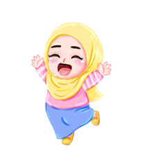 Joyful Hijab-Wearing Girl in Playful Pose, Digital Illustration