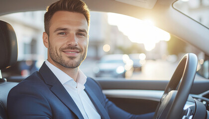 male driver in a car