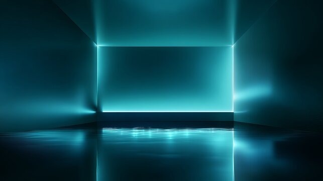 Bluegreen gradient studio room abstract background reflective walls and floor with neon light reflections digital technology futuristic theme