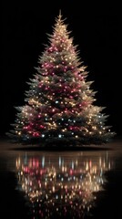 Christmas tree illuminated with colorful lights reflecting on polished floor in dark setting