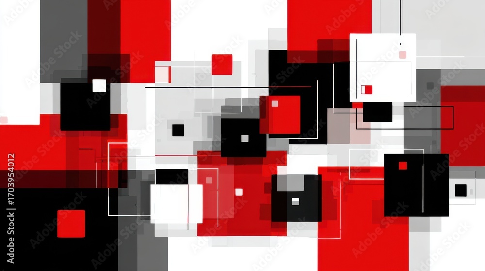 Poster bold geometric shapes in red, black, and white create a vibrant abstract design. the arrangement of 