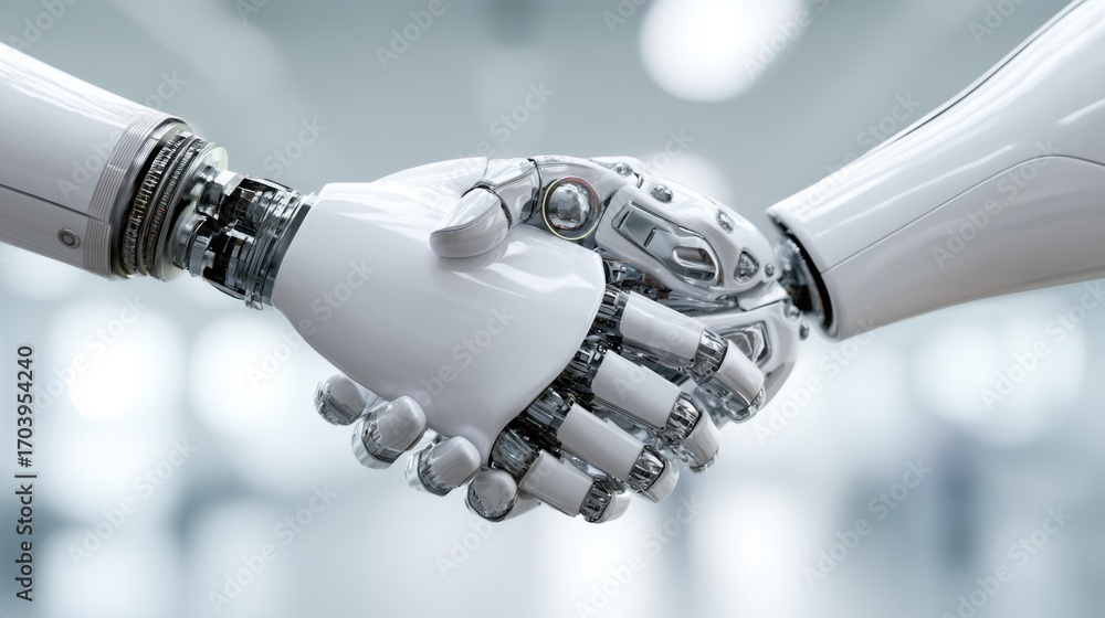 Aufkleber robotic hands with a sleek design are clasped in a handshake, representing the collaboration between