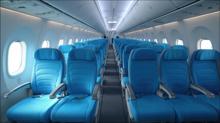 Rows of empty blue seats fill the cabin of a modern airplane, with soft lighting illuminating the space, creating a feeling of anticipation for an upcoming flight.