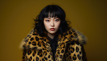 Stylish young model posing in leopard print suit against black studio backdrop
