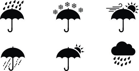 Black weather umbrella icons showing rain, snow, wind, sun, storms, and cloud symbols representing all seasons and weather protection concepts.