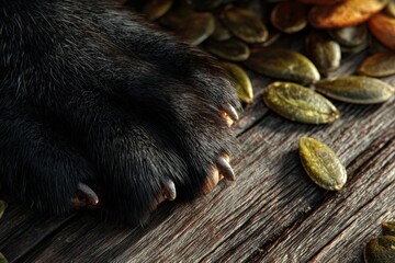 Macro Shot of Black Cat's Paw on Wooden Surface with Pumpkin Seeds