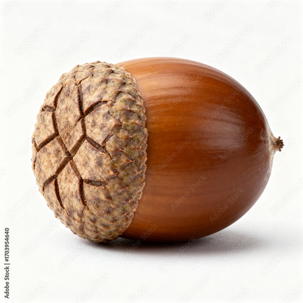 Poster close-up of a single brown acorn with textured cap isolated on a white background