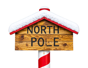 An aged metal sign reading “North Pole,” covered with light frost and tiny icicles, attached to a rustic post, captured from a 3/4 angled view for depth, isolated on a transparent background