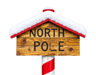 An aged metal sign reading “North Pole,” covered with light frost and tiny icicles, attached to a rustic post, captured from a 3/4 angled view for depth, isolated on a transparent background