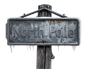  Vintage Metal North Pole Sign with Frost and Ice Crystals, Angled Perspective, Isolated