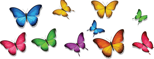 Bright colorful butterfly vector collection with diverse flying insects, detailed wings, perfect for spring designs, nature themes, and decorative artwork.