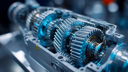 Fototapeta premium Closeup cutaway of transmission gear parts on light blue background automotive manufacturing industry scene