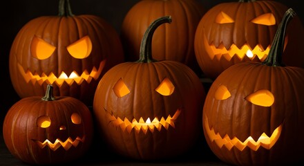 Carved pumpkins with glowing faces Halloween decoration