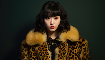 Stylish young model posing in leopard print suit against black studio backdrop