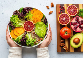 Woman's hands holding a healthy vegan buddha bowl with quinoa, avocado, and persimmon
