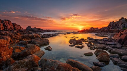 Sun sets over a serene rocky coastline, casting vibrant orange and purple hues across the sky. Gentle waves lap against the shore as reflections swirl in calm waters.