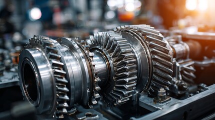 Closeup disassembled automatic transmission gear on workbench factory repair industry background
