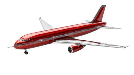 Fototapeta premium Red commercial airplane on runway taxi with shiny red fuselage and silver wings, dynamic travel mood