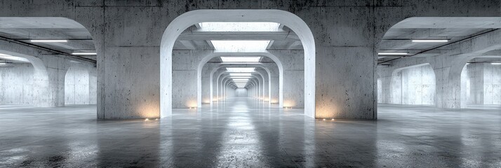 Modern concrete corridor with arches and ambient lighting in an expansive underground space