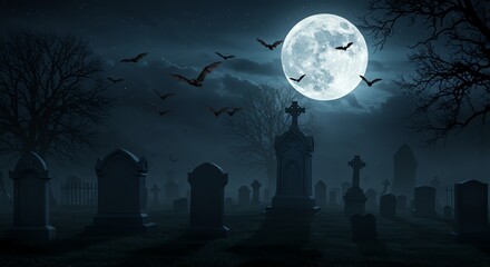 Fototapeta premium Graveyard at night with full moon and bats