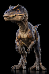 realistic theropod dinosaur resembling allosaurus with detailed scales, claws, and lifelike stance in prehistoric brown-gray forested environment
