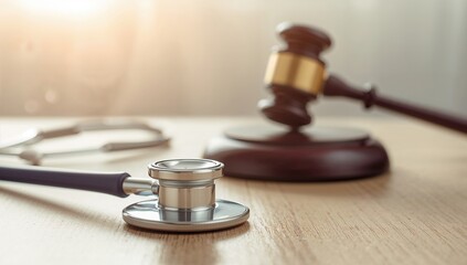 Stethoscope and Judge's Gavel on Wooden Table Representing Medical Law and Justice Concepts