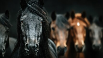 Fototapeta premium Majestic horses in a close-up view highlighting their unique expressions and beauty in a darkened setting