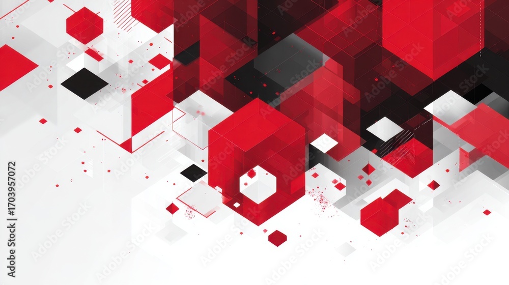 Poster a vibrant arrangement of red and black geometric shapes creates a visually striking pattern against 