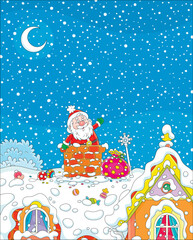 Happy New Year and Merry Christmas card with funny Santa Claus peeking out of a bricky chimney on a snowy housetop with a bag of winter holiday gifts and sweets, vector cartoon illustration