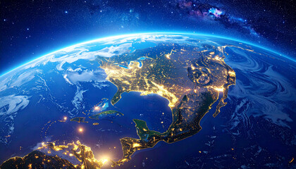 Fototapeta premium Night Earth from space, showcasing North and Central America's glowing city lights against a cosmic starry background